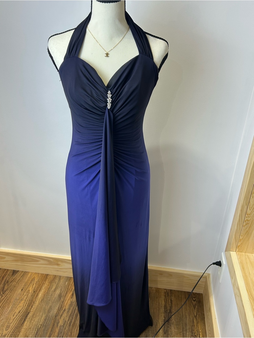 Onyx Nite Navy Halter Maxi Dress with Jeweled Accent